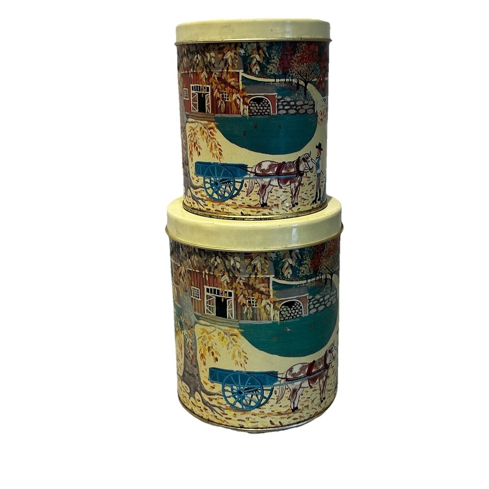 Vintage Set of 2 Meister Metal Nesting Tin Cans Canisters  w/Farm Scene - Brazil